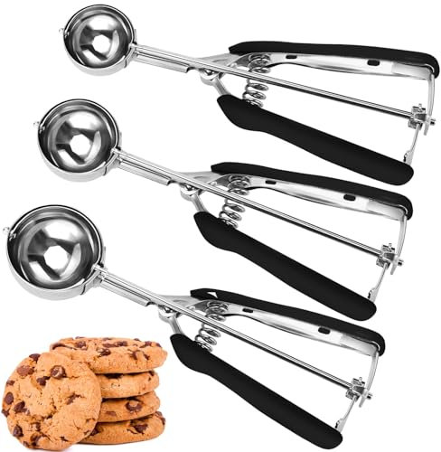 Cookie Scoop Set, Cookie Scoops for Baking Set of 3, Cookie Dough Scoop, 1 Tablespoon/ 2 Tablespoon/ 3 Tablespoon, Black Handle, for Cookie, Cupcake, Muffin, Ice Cream