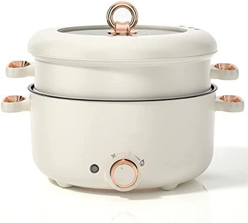 KANBUN Pot Caldo Elettrico 3L Mini panoramica elettrica panoramica Multi-Cooker Antiaderente con regolazioni della Temperatura del Coperchio per Viaggi/dormitorio (Beige)