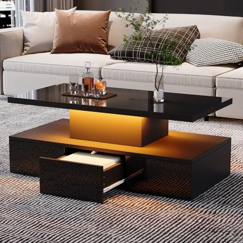 FOERPL Tavolino da salotto con illuminazione a LED, 2 livelli, tavolo da salotto rettangolare con cassetto, 100 x 50 x 39 cm, tavolini lucidi neri moderni per soggiorno, ufficio, sala