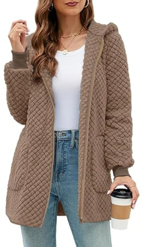 ABINGOO Veste Polaire à Capuche Femme Manteau Longue Peluche Doux avec Poches Cardigan Décontracté Pelucheux Zippé pour Automne Hiver(Kaki,M)