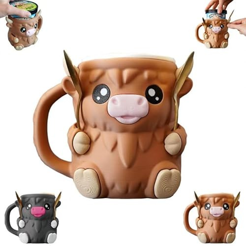 JJIAGOLD Cute Cow Ice Cream Pint Holder with Handle & Spoon 3D Printed Ice Cream Cup Sleeve for Dessert Bowl for Kids & Adults Fun Kitchen Gadget (Brown)