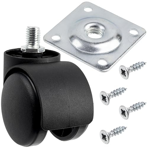AERZETIX - Set di 4 ruote per mobili M10x13 mm Ø50 rotanti a 360° a doppio rullo + 18 viti Ø4x16 mm e 4 piastre di fissaggio 43x43 mm | carico massimo 40 kg