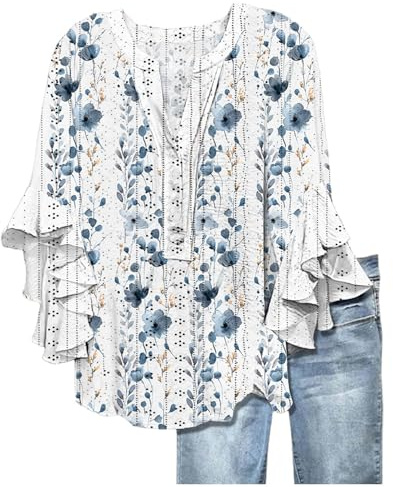 Ladies t Shirts Womens Tops Casual Ruffle 3/4 Sleeve Shirts V Neck Button Up Baggy Top Plus Size Floral Printed Tee Eyelet Hollow Spring Summer Beach Blouses Multicolor XXL