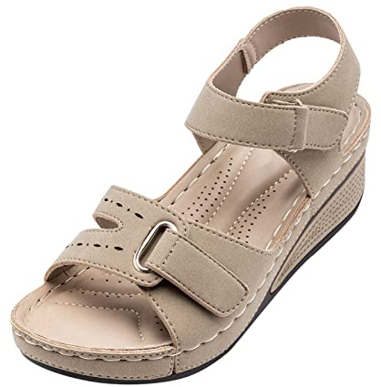 YIzdegg ortopediska sandaler damer kilklack – pantoletter ultra komfort sommarskor breda fötter platåsandaler ventilerande tofflor öppen tå fritidsskor barfota tofflor, Beige, 43