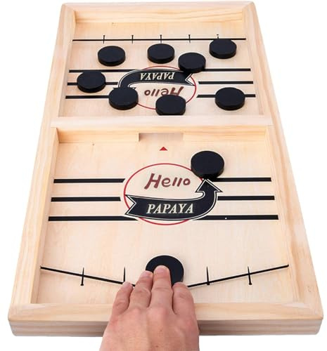 HELLO PAPAYA Fast Sling Puck Game - Test Your Speed and Accuracy with This Fast-Paced Wooden Air Hockey Desktop Battle Board Game - Guaranteed Fun Gifts for Family Night or Friends Party