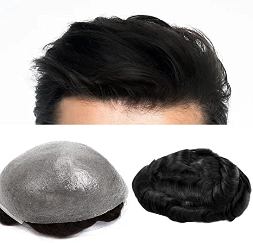 GEXWORLDWIDE GEX 62 Colors Toupee For Men 0.04mm Ultra Thin Skin V-loop 8x10 Inches Human Hair HairPiece Dark Jet Black Light Density Wig Replacement Systems(#1)