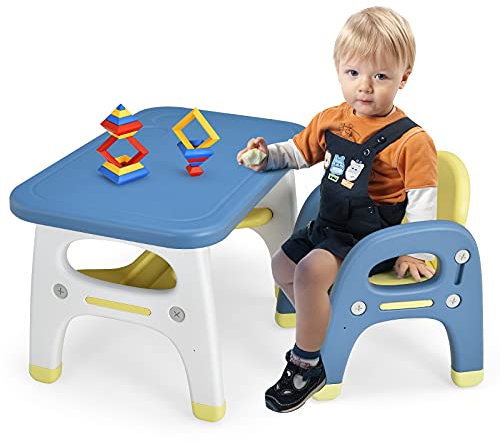 COSTWAYKindertisch mit Stuhl und Bauklötze, Maltisch für Kinder über 3 Jahre (Blau)