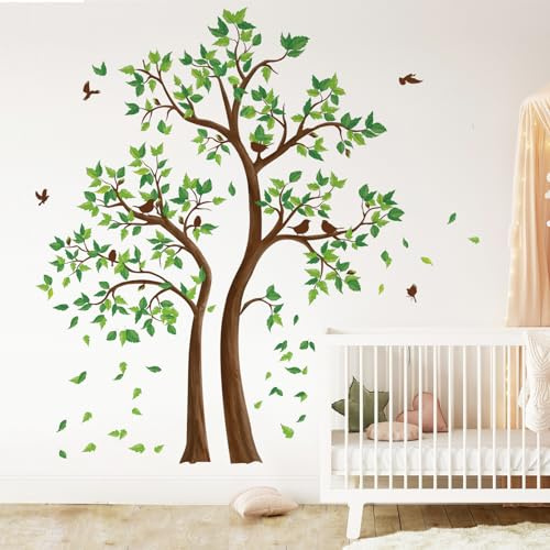 decalmile Wandsticker Groß Baum Grüne Wandtattoo Blätter Vögel(XL) | Abziehbare und Aufklebbare Wandaufkleber, DIY Abnehmbare Wandkunst Abziehbilder, Wandfreundlich, Leuchtenden Farben