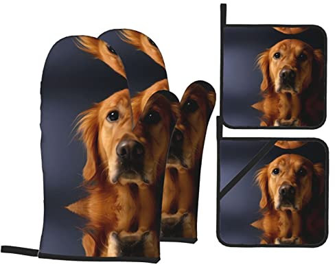 Golden Retriever - Set di 4 guanti da forno e presina, in cotone isolato, per proteggere le mani dagli utensili caldi