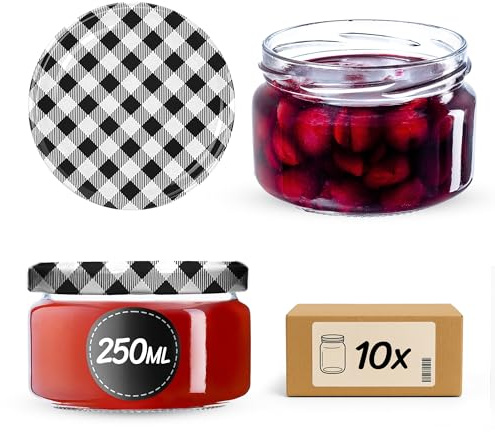 KADAX 10er Set Marmeladengläser 250ml TO82 Schwarz kariert, Einmachgläser Vorratsgläser Mason Jar mit Schraubdeckel, Luftdichte Schraubgläser, Honig & Konfitüre