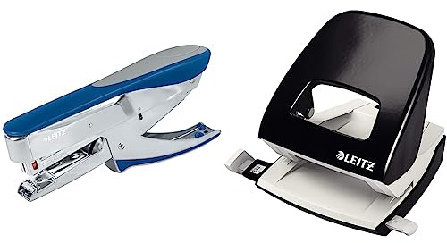 Leitz Heftzange, Für 30 Blatt, Ergonomisches Design aus Metall mit Gummioberflächen & Büro Locher aus Metall, Für 30 Blatt, Anschlagschiene mit Formatangaben