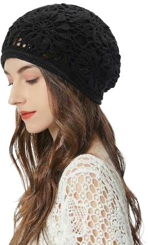 ZLYC Damer sommar stickade mössor handgjord virkad mössa slouch beanie mössa, Svart stickad, En Storlek