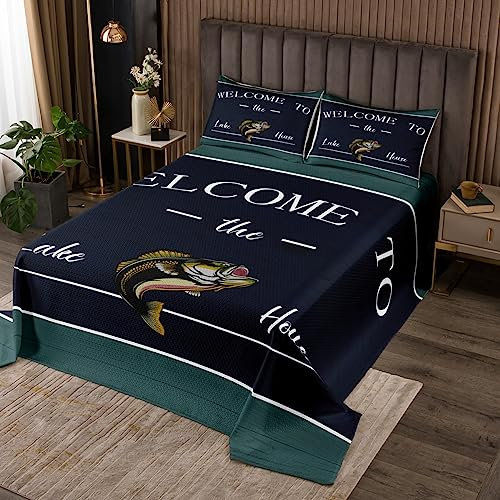 feelingyou See Haus Quilt Bettwäsche Set M Größe, Navy Retro Rustikal Bauernhaus Streifen Bettwäsche Abdeckung für Mädchen Teens, Angelboot Jagd Camping Soft Polyester Quilt Set, die ganze Saison