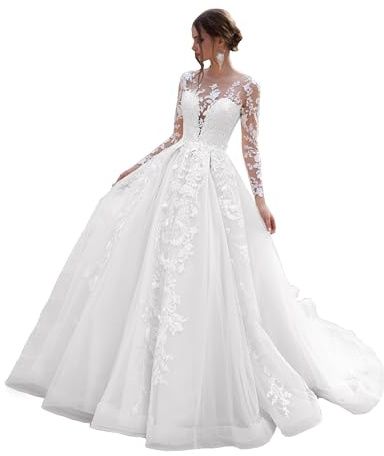 JAEDEN Langarm Brautkleider Spitze Prinzessin Hochzeitskleider A-Linie Standesamtliche Trauung Kleid mit Schleppe