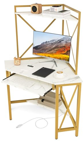 COSTWAY Bureau d'angle avec Étagère de Rangement, Bureau Informatique avec 2 Prises de Courant & 2 USB, Plateau pour Clavier, Cadre en Métal, Design Élégant(Blanc)