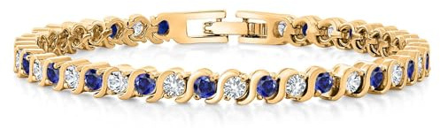 Gem Stone King 3MM Simulated Blue Sapphire and Sparkling White Cubic Zirconia Tennis Bracelet for Women | 14K Gold Plated | 4.50 Cttw | Size 7 Inch | Choice of Color | Blue | Yellow Gold