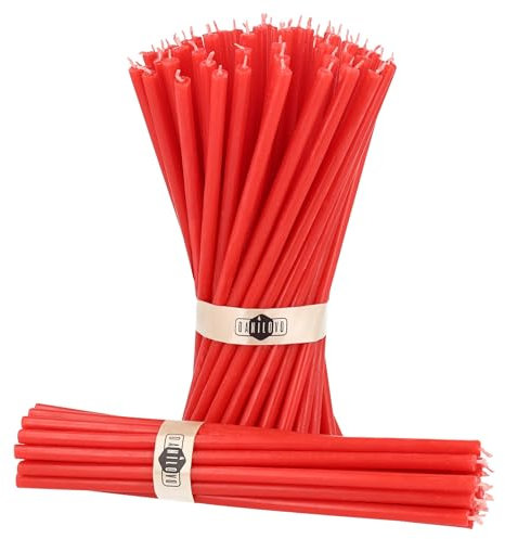 Danilovo Reine Bienenwachskerzen – tropffrei, rauchfrei, hohe, dünne Spitzkerzen – dekorative Kerzen für Kirchgebet, Deko oder Geburtstagskerzen – Honigduft Kerzen – 18,5 x 0,61 cm (Rot, 50 Stück)