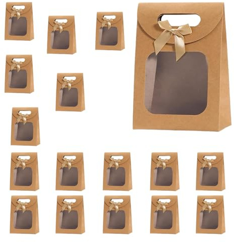20 Stück Braune Papiertüten,Geschenktüte mit Fenster,Papiertüten mit Henkel | zum Verpacken von Süßigkeiten, Keksen, Snacks