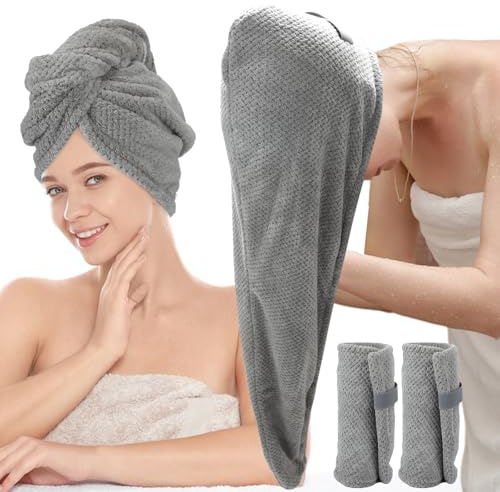Hience 2-Paquete 86x26 CM Grandes Toalla Microfibra Pelo para Cabello Largo y Rizado, Turbante Microfibra Pelo de Secado Rápido e Anti Frizz con Correas Elásticas para Mujer, Gris