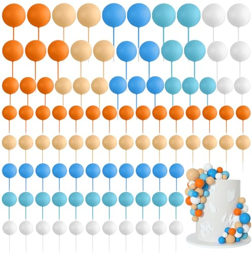 Bouiexye 75 Pieces Cake Balls Topper Decorations - Foam Cupcake Topper Mini Balloon Cake Topper Balls Cake Picks for Birthday Party Wedding (Orange, Yellow, Blue, White)