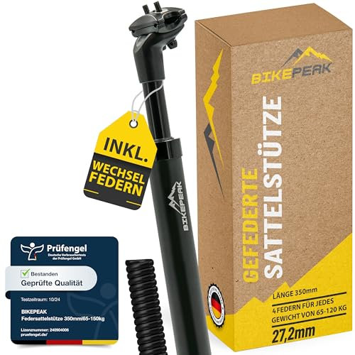BikePeak Federsattelstütze Ø wählbar 27.2/30.9/31,6 mm | 350mm lang schwarz inkl. 4 Wechselfedern für jedes Gewicht von <65kg-120kg einstellbar (Länge 350 mm, Ø 27,2 mm)