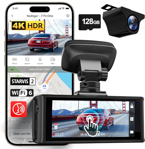 REDTIGER 4K HDR Dash Cam Front and Rear, STARVIS 2 Sensor, 5.8GHz WiFi APP, 3.18 Touchscreen, Voice Control, 128G Card Included, WDR, Dash Camera for Cars with GPS, 24H Parking Mode(F7N Elite)