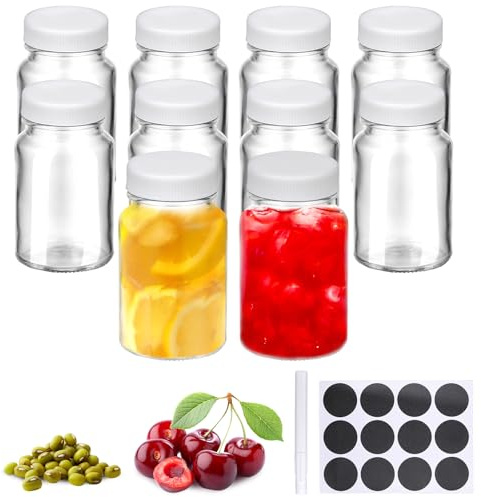 TranRantic 10 Stück Kleine Shot Flaschen zum Befüllen, Shot Gläser mit Deckel, Kleine Glasflaschen, Mehrweg Mini Shot Glasflaschen, 60ml Breiter Mund Shotgläser für Saft Soße Schnaps Ingwer (Weiß)