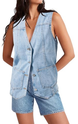Tankaneo Denim Vest for Women Casual V Neck Button Down Sleeveless Jean Jacket