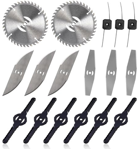 Cordless Grass Strimmer Replacement Blade,17Pcs Grass Strimmers Spare Stainless Steel Blades,Metal Round Blade,Straight Blades,Plastic Blades and Steel Wire Grass Trimmer Head Blades for Mowing Lawns