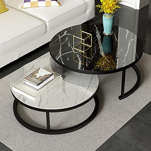 Moderner runder Couchtisch, Satztisch aus gehärtetem Glas und Metall, Beistelltisch 2er-Set, Sofatisch, Mitteltische für das Wohnzimmer (Farbe: schwarzer Rahmen, Größe: 28 Zoll + 20 Zoll)