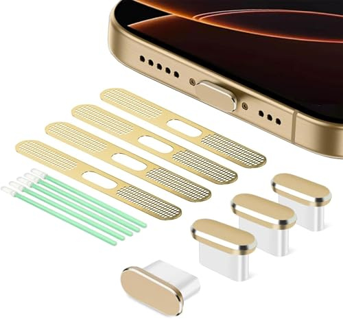 BelleVive 8-Pack USB-C Dust Protection Plugs, Type-C Charging Port Cover, Earphone Speaker Mesh, Dustproof Adhesive Cover, Phone Accessories for iPhone 16/iPhone 15, Gold