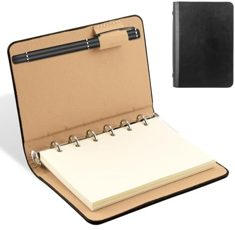 Notizbuch A7 Kleines mit Lederumschlag, RingbuchA7, Notizbuch Klein, 6 Ring Ringbuch Mini Notiz-buch, Kompakt und Tragbar für Schule, Büro, Schreiben Zeichnen, Stift dient nur zu Demonstrationszwecken