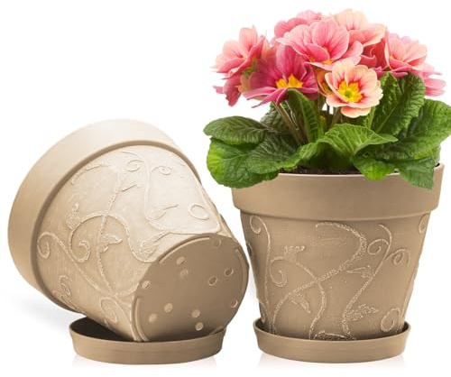 ZMTECH 25 cm Pots avec Soucoupes et Trous de Drainage, Pot de Plante Plastique Aspect Terre Cuite, Pot de Fleur Grand avec Plateau pour Plantes d'Intérieur Extérieur (Brun Clair, Lot de 2)