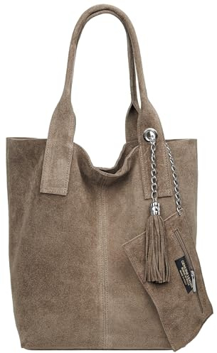 Caspar große Wildleder Shopper Schultertasche XL Damen Handtasche aus Leder mit stylischer Metallkette & kleiner Zusatztasche - CLASSIC LINE - Modell No.828 - Made in Italy