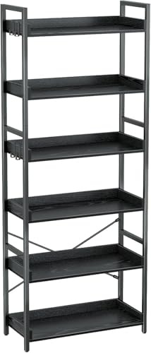 Rolanstar Bücherregal mit 6 Ebenen & 4 Haken, Holzregal mit Kantenschutz & offenes Regal, Standregal im Industriestil für Wohnzimmer, Schlafzimmer, Büro, 30 x 60 x 175cm