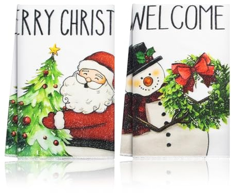 2er Set Weihnachts Geschirrtücher Mikrofaser – 60x40 cm Küchentücher mit Weihnachtsmann, Schneemann, Tannenbaum & Weihnachtskranz – Saugfähig & Schnelltrocknend – Festliche Küchen Deko Weihnachten