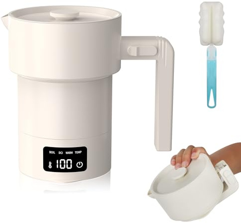 Faltbarer Reisewasserkocher 0,6L, 304 Edelstahl Tragbarer Camping Wasserkocher mit Echtzeit-Temperaturanzeige, BPA-freies Silikon Wasserkocher Automatischer Abschaltung für Outdoor/Wohnmobil/Hotel