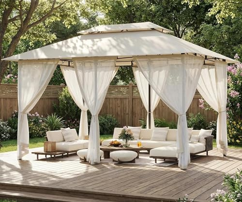 Amopatio 3x4 trädgårdspaviljong vattentät och vintertålig, dubbelt tak med myggnät, vädertåligt metallgazebo för poolkant och terrass, beige