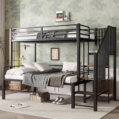 TOBIDOEN Letto a castello, 90 x 200 cm, letto superiore e 120 x 200 cm, struttura in ferro + MDF, scala angolare a 4 livelli, stabile griglia laterale e rete a doghe, salvaspazio, per bambini e