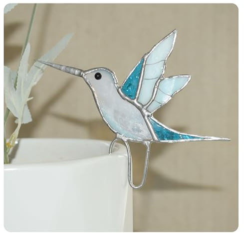 Stained Glass Hummingbird Suncatcher for Planter Decoration – Colorful Glass Plant Pot Ornament, Ideal as a Gift for Christmas (Blue B)