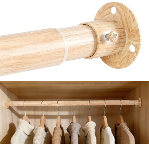KINGSOW Asta per Armadio e Accessori: Asta Regolabile per Vestiti da 64,5-130 cm in Legno Chiaro, con Finitura in Acciaio Inox 25 mm, Capacità 25 kg per Guardaroba e Lavanderia