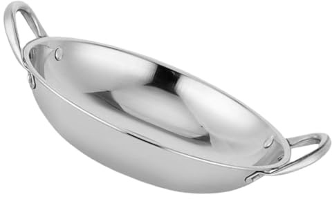 Homoyoyo Poêle Wok en Acier Inoxydable 26 CM Casserole Ronde à Fond Creux Ustensile Cuisine pour Fondues et Plats Mijotés Chauffe Rapide Double Poignée Sécurisée Cuisson Homogène