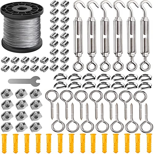 AMLOOPH Rankhilfe Rankgitter 50m Drahtseil 2mm Edelstahl mit M5 Seilspanner | Drahtseilklemme Drahtspanne, Stahlseil Mit Ösen Für Rankgitter, Hängelampe, Seilspannmarkise, Gardinenseil, Seilspanngarnitur