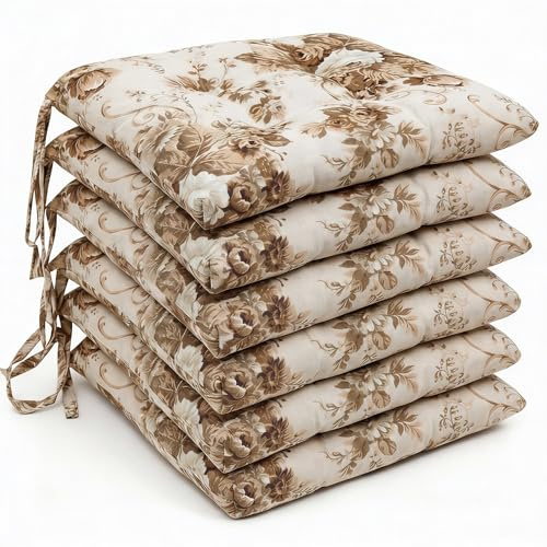 MENKËLL Set 6 Cuscini Sedia da Cucina in Cotone - Cuscini Coprisedia Universali 40x40 cm - Cuscino 4 punti con Lacci di Fissaggio Imbottiti - 100% Made in Italy (Anna Beige, 40x40 Fantasia)