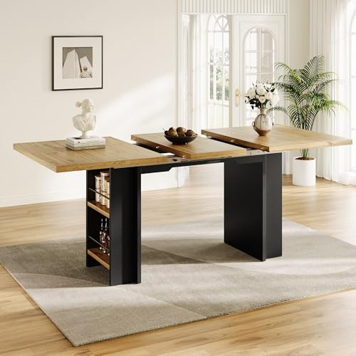Lahoomu Esstisch Teleskoptisch (120-160×80cm), Tisch mit Regalen, Küchentisch, Ausziehtisch, mit Hilfe innenliegender Einlegeplatten，Ausziehbar, für Küche und Wohnzimmer, Holzfarbener