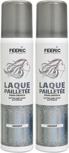 Laque Pailletée Cheveux Argent– Spray Paillettes Cheveux Tenue Longue – Glitter Hair Spray Festival Soirée – Sans Microplastique – FEERIC – Fabriqué en France (Lot de 2)