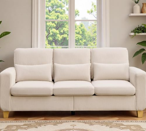 EBELLO Canapé 188 cm, canapé 3 à 5 Places, canapé Moderne en Velours côtelé, canapé de Salon adapté aux Petits espaces, Chambres, Appartements et Bureaux, crème