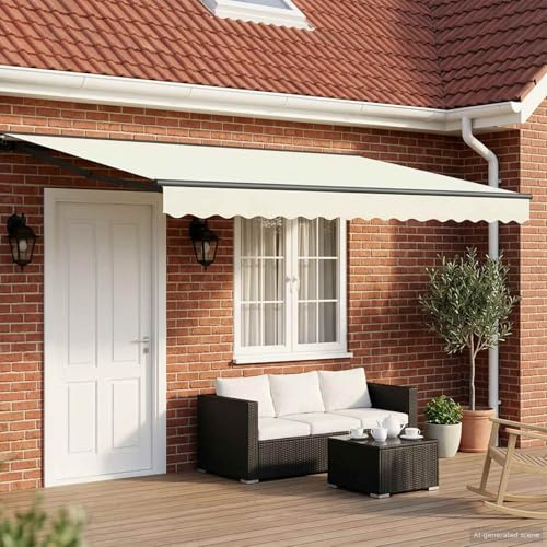 Tenda da sole elettrica 5 x 3 metri con telecomando, colore crema e antracite, tenda da parete estensibile con tessuto in poliestere rivestito in poliuretano, telaio in acciaio e alluminio verniciato