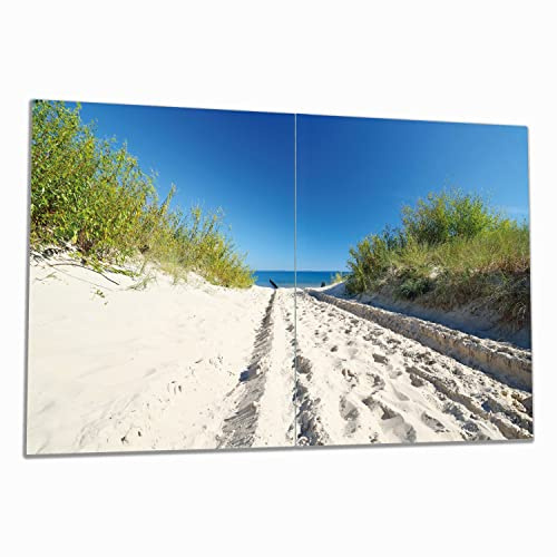 Wallario Herdabdeckplatte/Spritzschutz aus Glas, 2-teilig, 80x52cm, für Ceran- und Induktionsherde, Auf dem Sandweg zum Strand - Blauer Himmel über dem Meer
