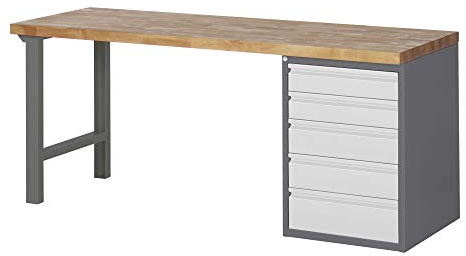 STIER Werkbank Premium, 5 Schubladen, 200x70x84 cm, aus pulverbeschichtetem Stahl und Buche, perfekt für vielseitige Werkstatt- und Montageaufgaben, robust, praktisch und effizient